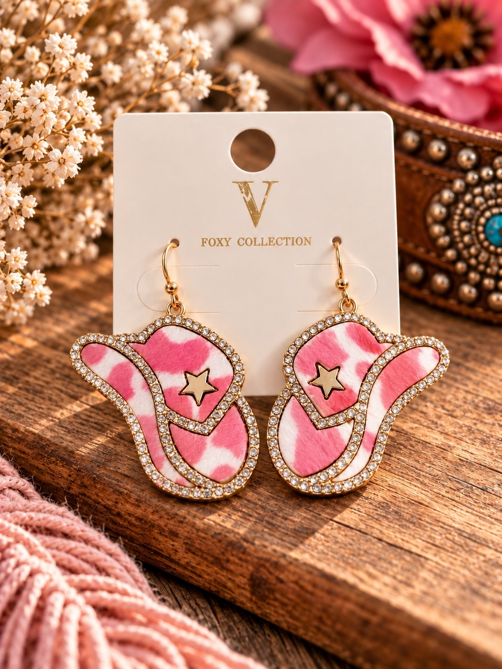 Pink Cowgirl Hat Dangle Earrings with Rhinestones